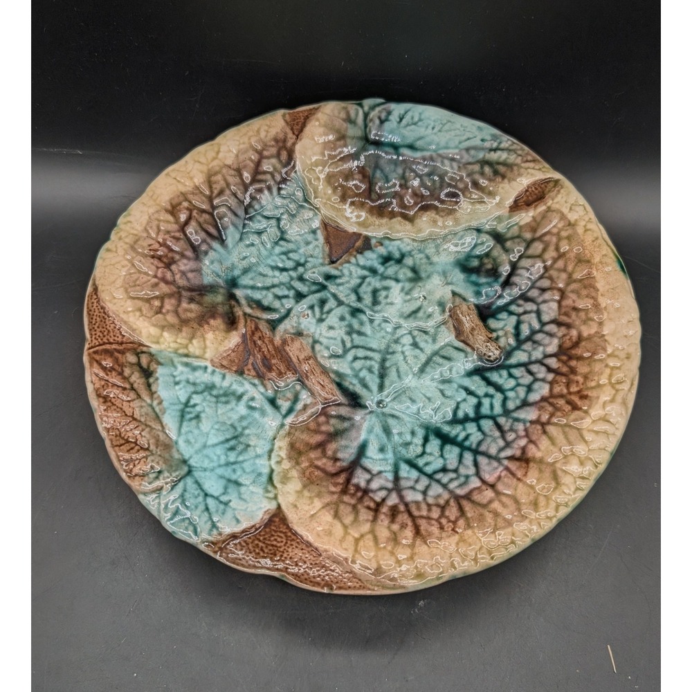 Antique Victorian Majolica Begonia Leaf Compote Tazza Teal Brown Cream Glaze 9"